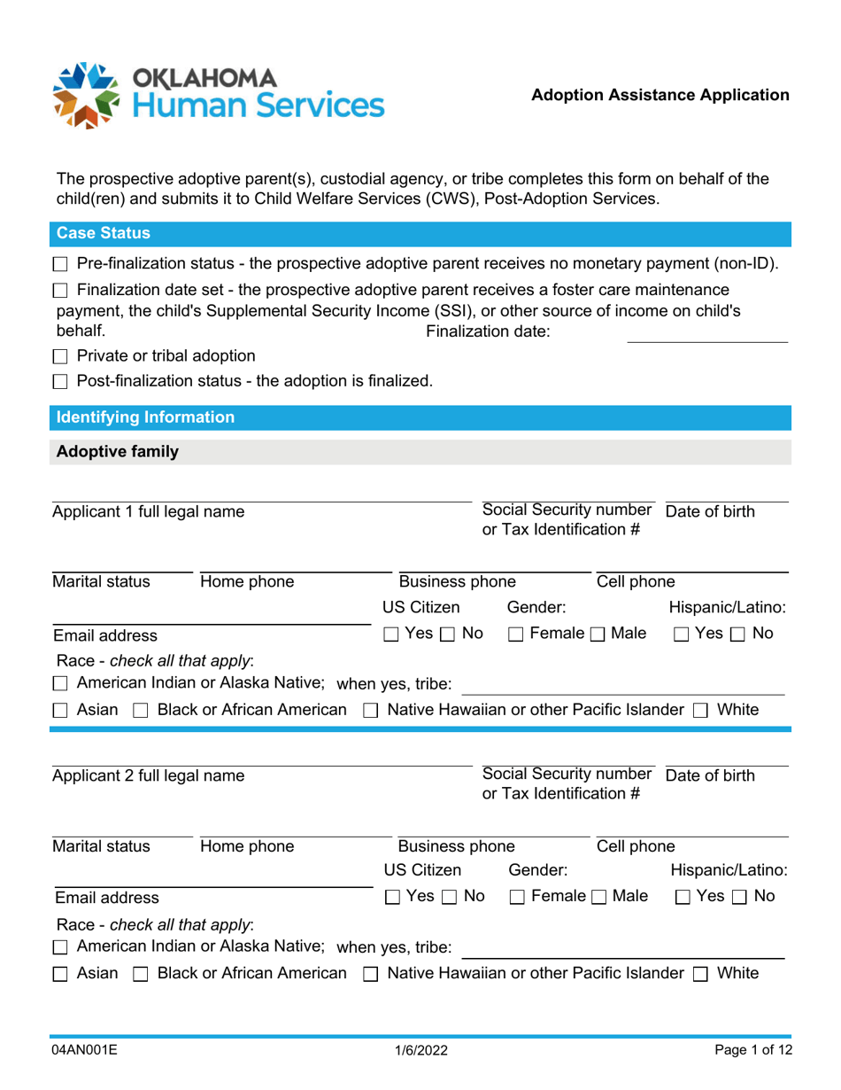 Form 04AN001E (DCFS-54) Adoption Assistance Application - Oklahoma, Page 1