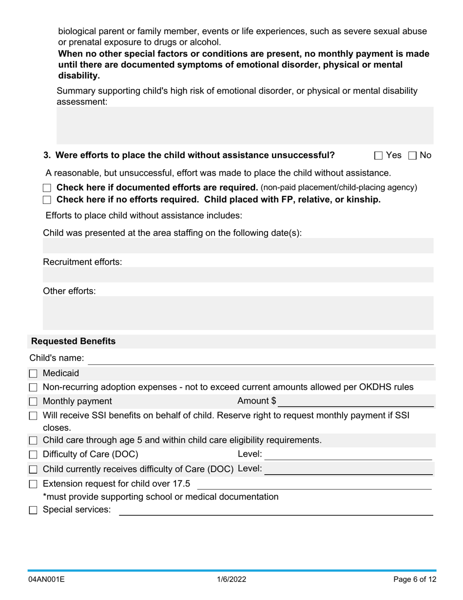 Form 04AN001E (DCFS-54) Adoption Assistance Application - Oklahoma, Page 6