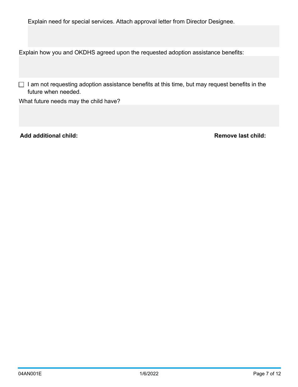 Form 04AN001E (DCFS-54) Adoption Assistance Application - Oklahoma, Page 7