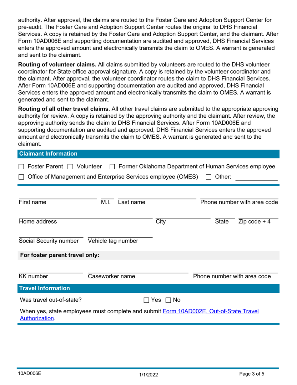 Form 10AD006E (ADM-6) Travel Claim - Oklahoma, Page 3