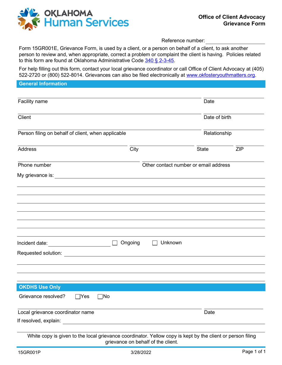 Form 15GR001P Grievance Form - Office of Client Advocacy - Oklahoma, Page 1