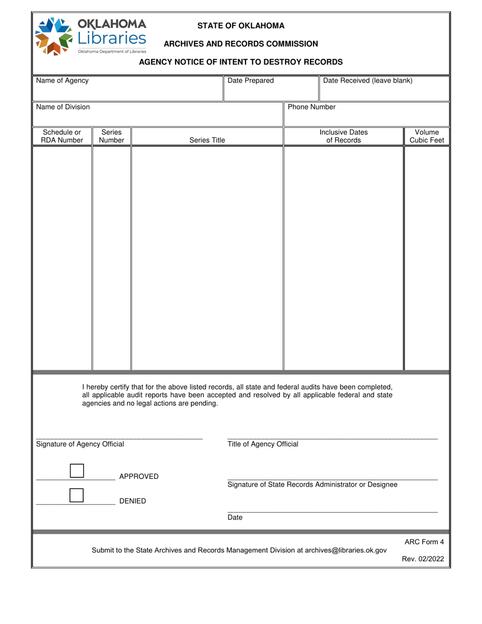 ARC Form 4 Agency Notice of Intent to Destroy Records - Oklahoma, Page 1