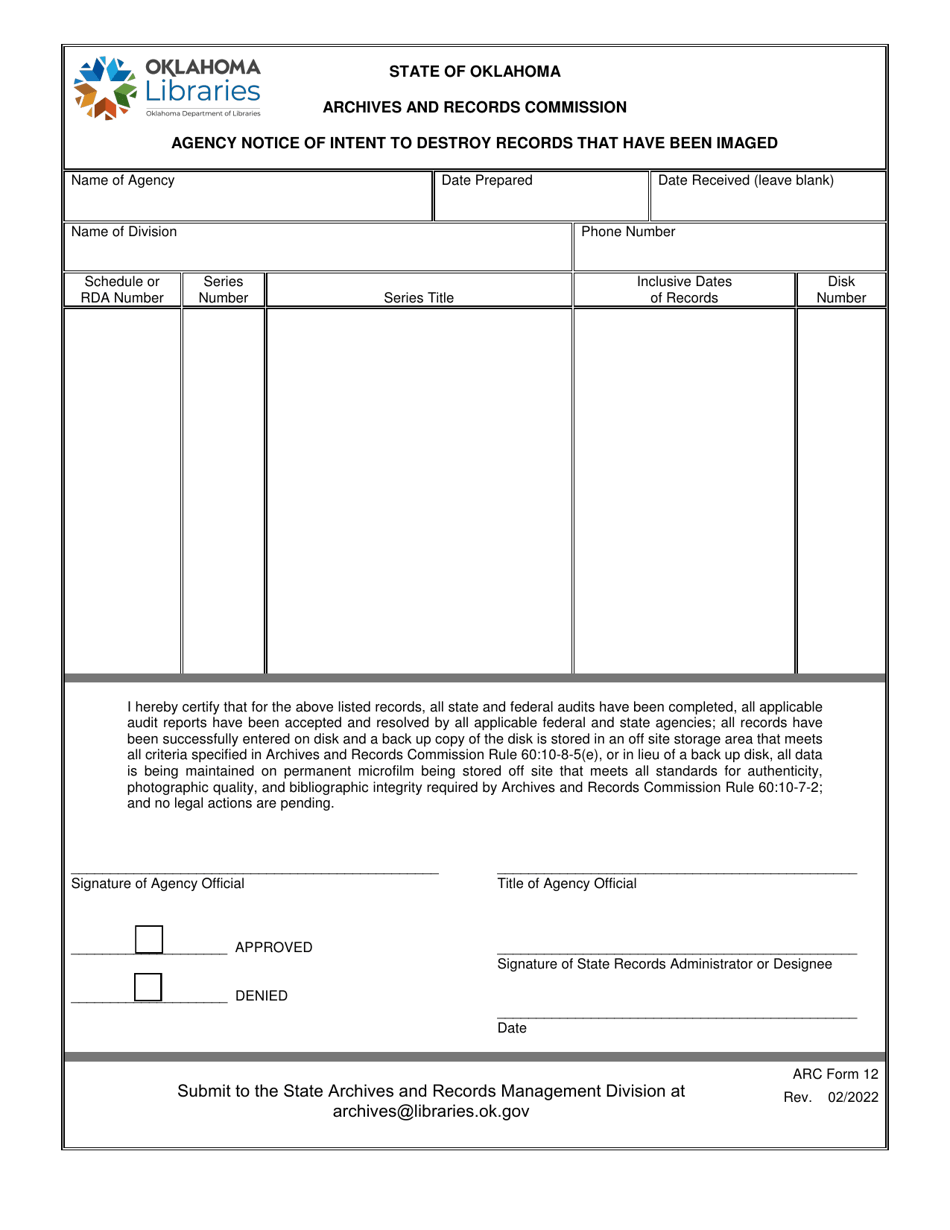 ARC Form 12 Agency Notice of Intent to Destroy Imaged Records - Oklahoma, Page 1