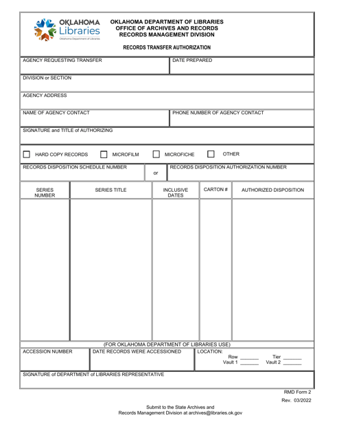 RMD Form 2 Records Transfer Authorization - Oklahoma