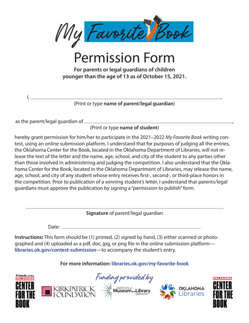 Permission Form - My Favorite Book - Oklahoma Download Pdf