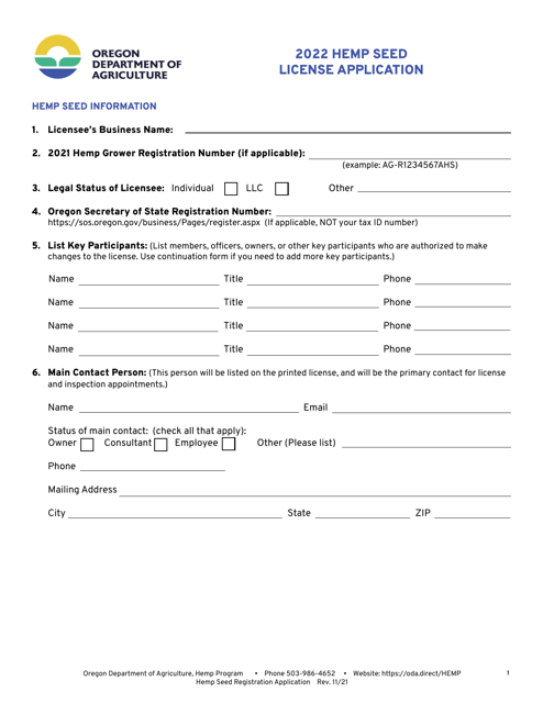 Hemp Seed License Application - Oregon, 2022