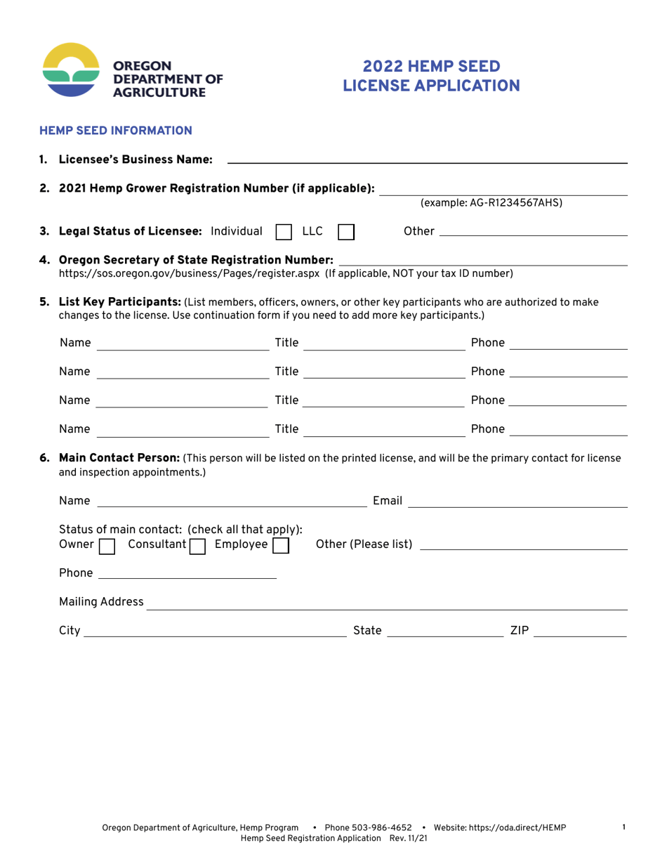 Hemp Seed License Application - Oregon, Page 1
