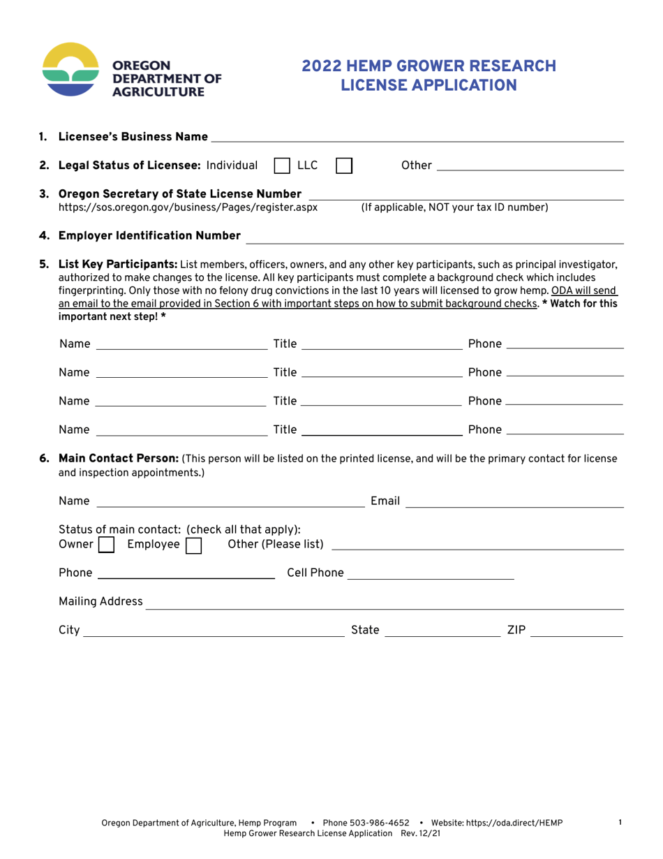 Hemp Grower Research License Application - Oregon, Page 1