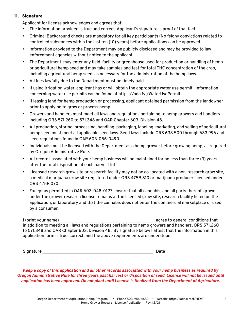 Hemp Grower Research License Application - Oregon, Page 4