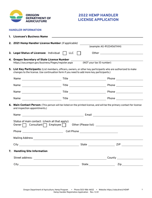 Hemp Handler License Application - Oregon, 2022