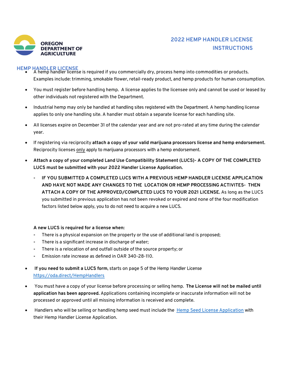 Instructions for Hemp Handler License Application - Oregon, Page 1