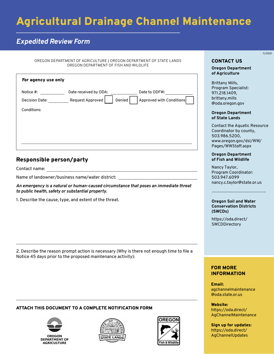 Expedited Review Form - Agricultural Drainage Channel Maintenance - Oregon, Page 1