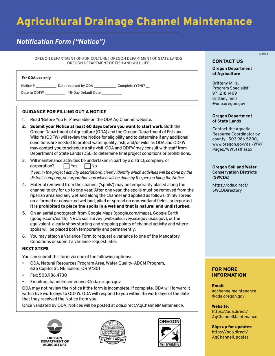 Agricultural Drainage Channel Maintenance Notification Form - Oregon, Page 1