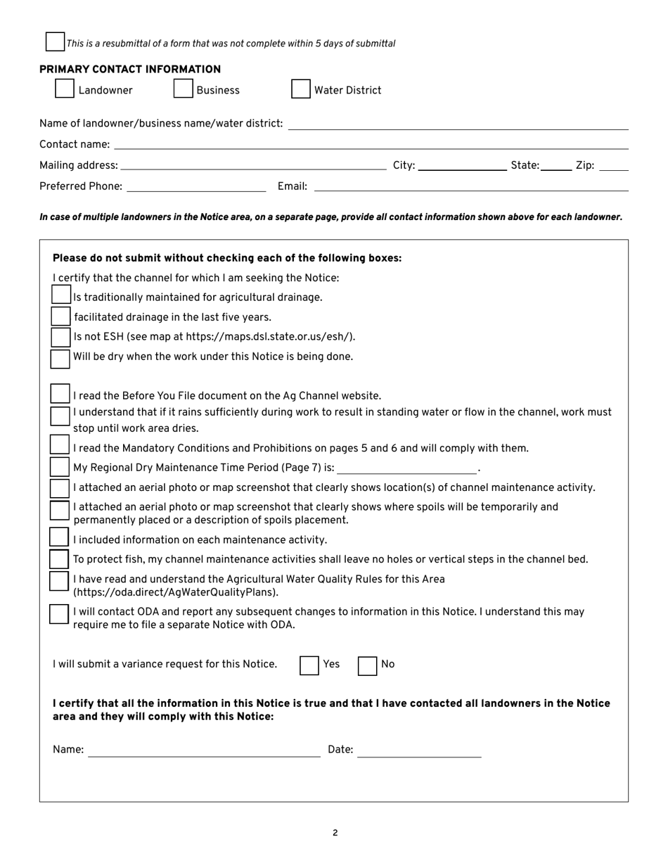 Agricultural Drainage Channel Maintenance Notification Form - Oregon, Page 2