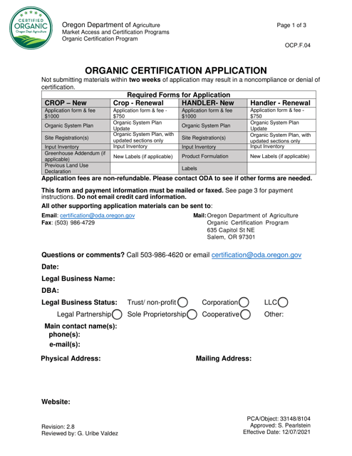 Form OCP.F.04 Organic Certification Application - Oregon