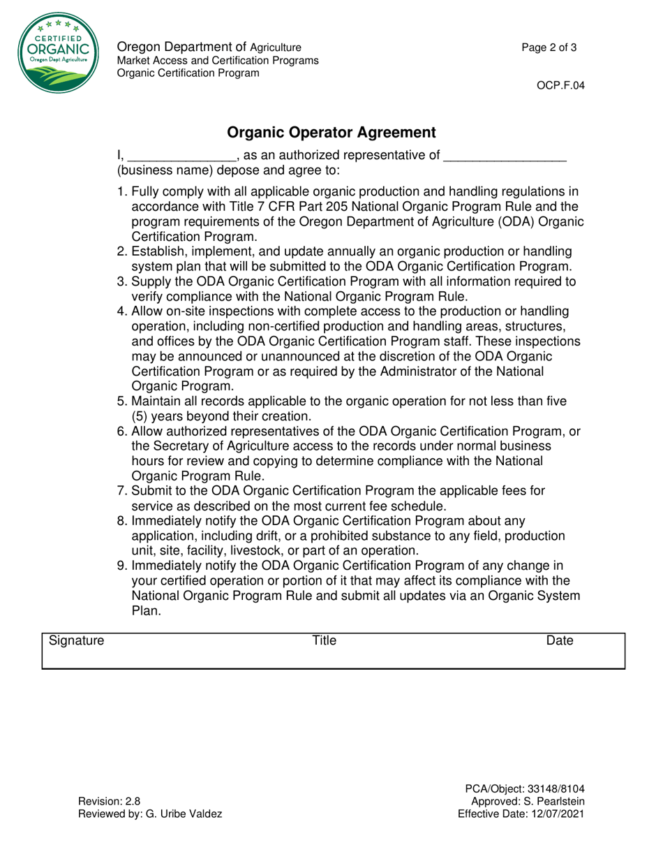 Form OCP.F.04 Organic Certification Application - Oregon, Page 2