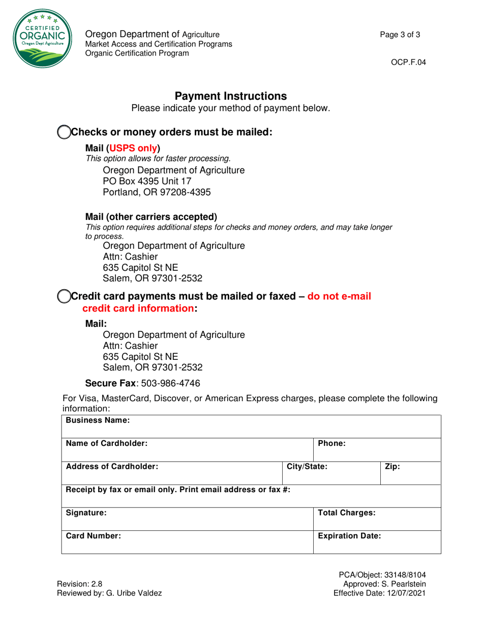 Form OCP.F.04 Organic Certification Application - Oregon, Page 3