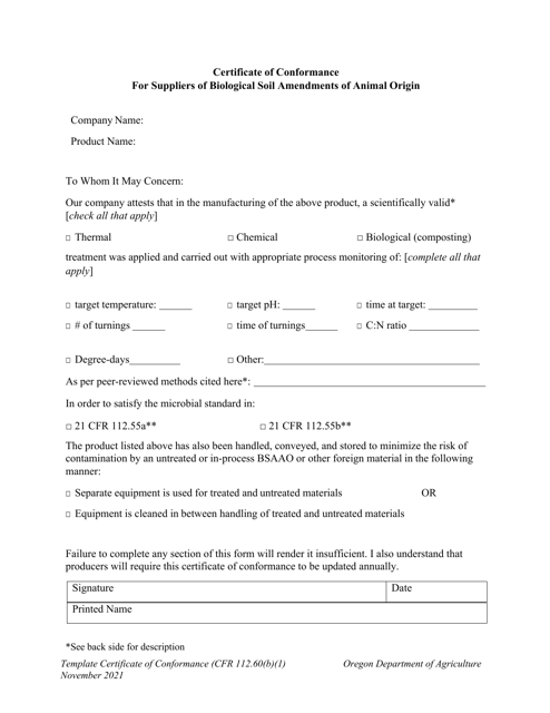 Certificate of Conformance for Suppliers of Biological Soil Amendments of Animal Origin - Oregon