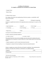 Certificate of Conformance for Suppliers of Biological Soil Amendments of Animal Origin - Oregon