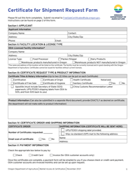 Document preview: Certificate for Shipment Request Form - Oregon