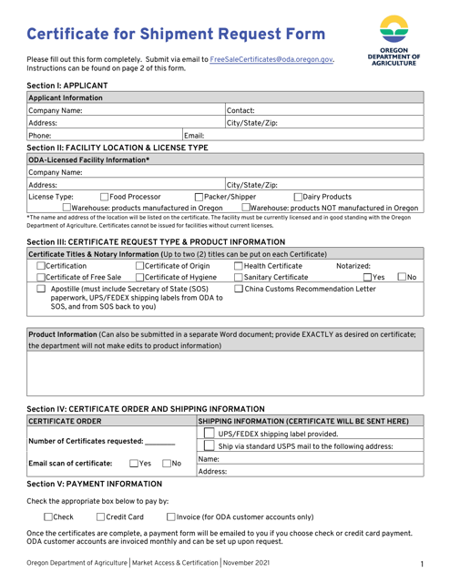 Certificate for Shipment Request Form - Oregon Download Pdf