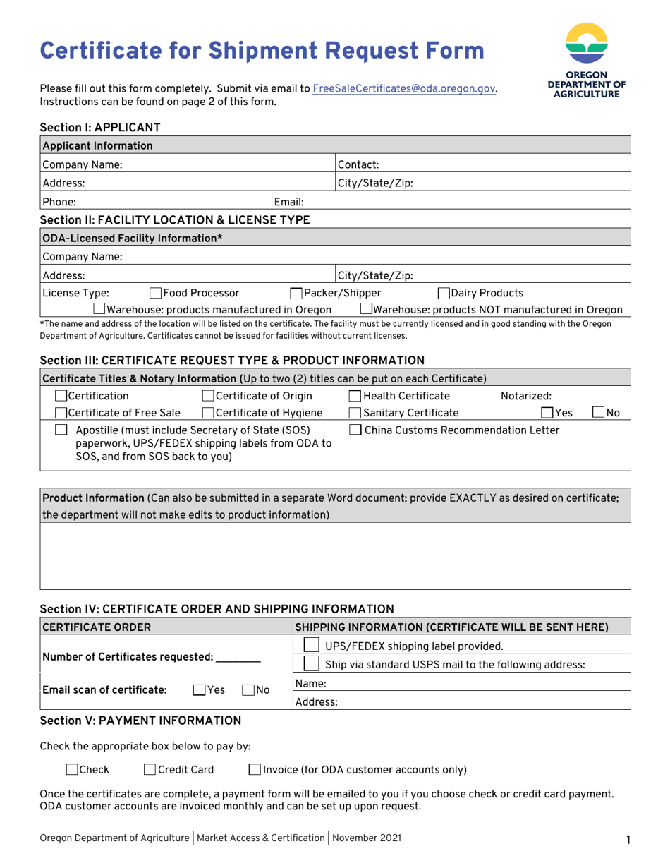 Certificate for Shipment Request Form - Oregon, Page 1