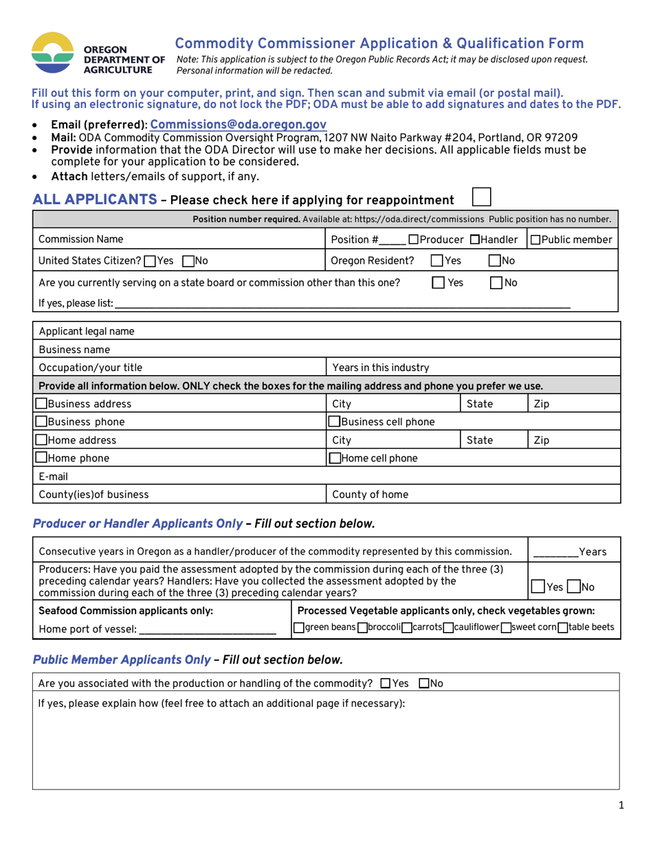 Commodity Commissioner Application  Qualification Form - Oregon, Page 1