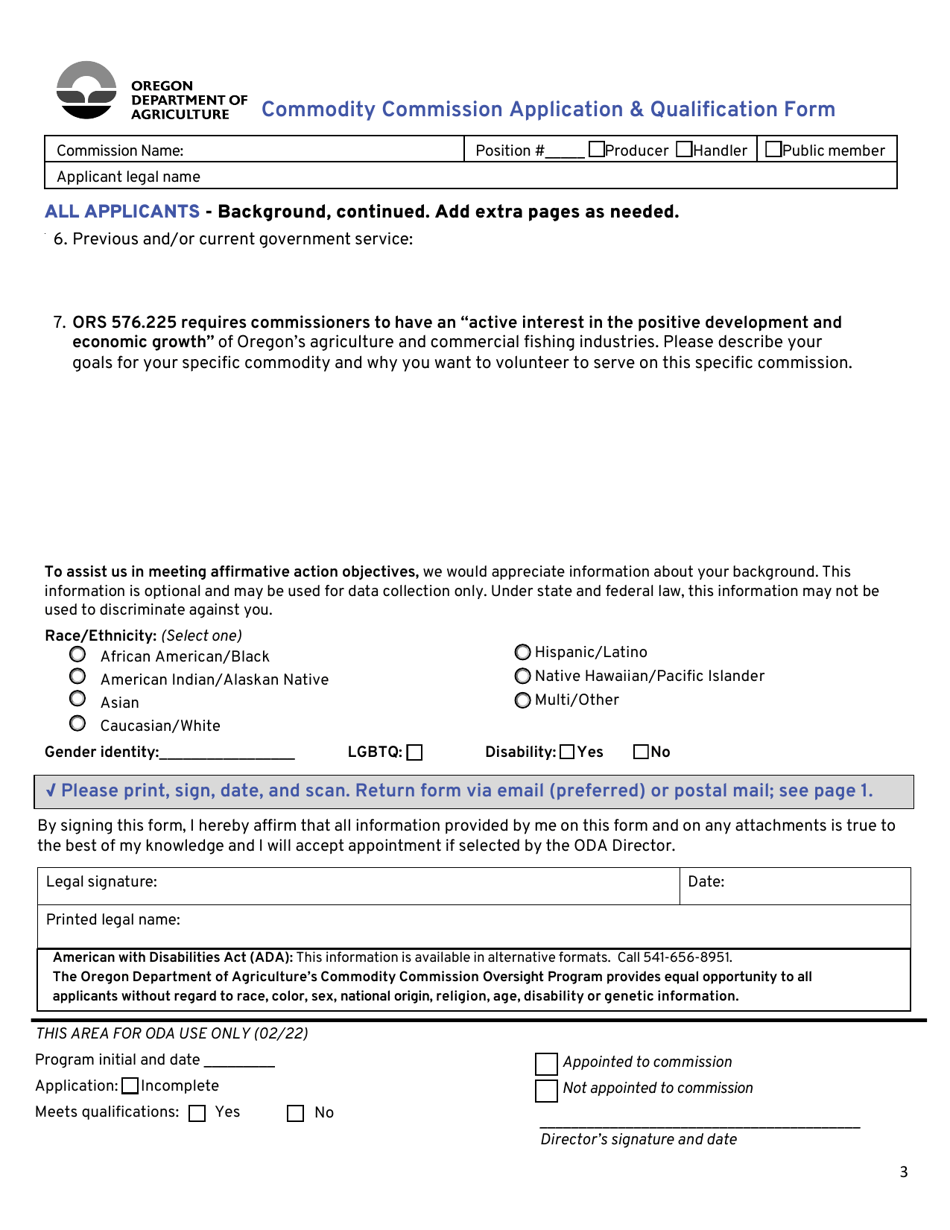 Commodity Commissioner Application  Qualification Form - Oregon, Page 3