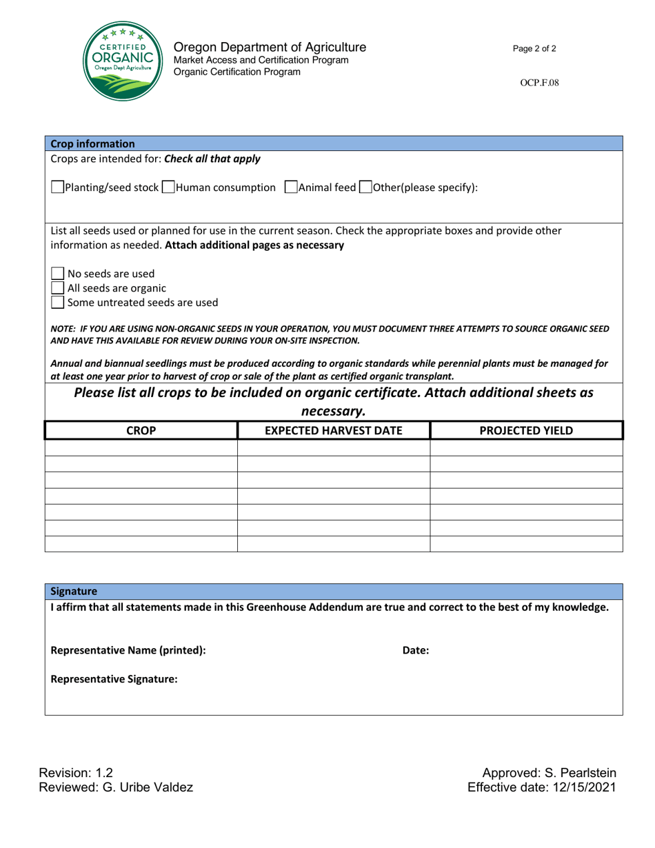 Form OCP.F.08 Greenhouse Addendum - Oregon, Page 2
