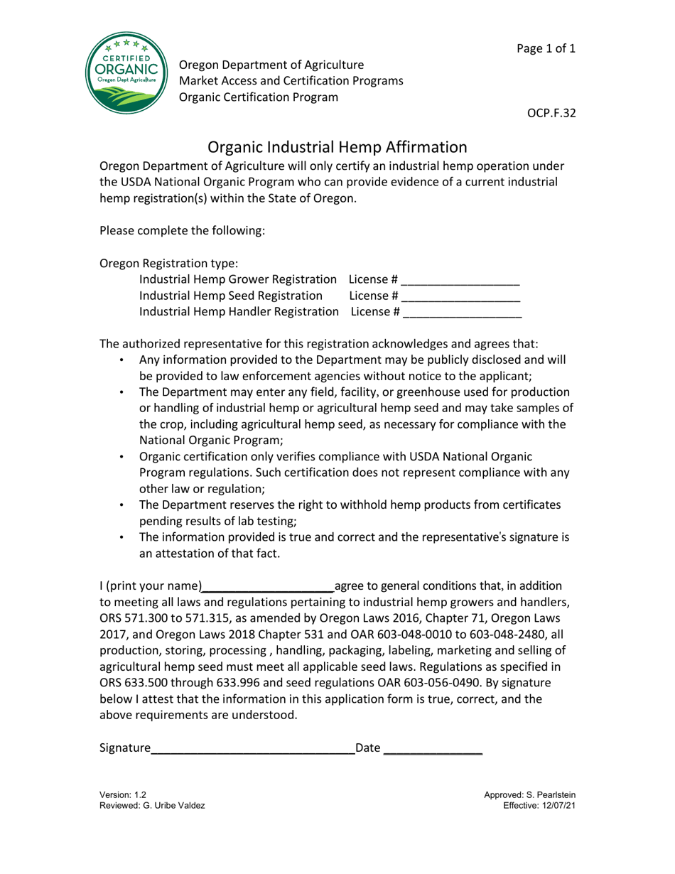 Form OCP.F.32 Organic Industrial Hemp Affirmation - Oregon, Page 1