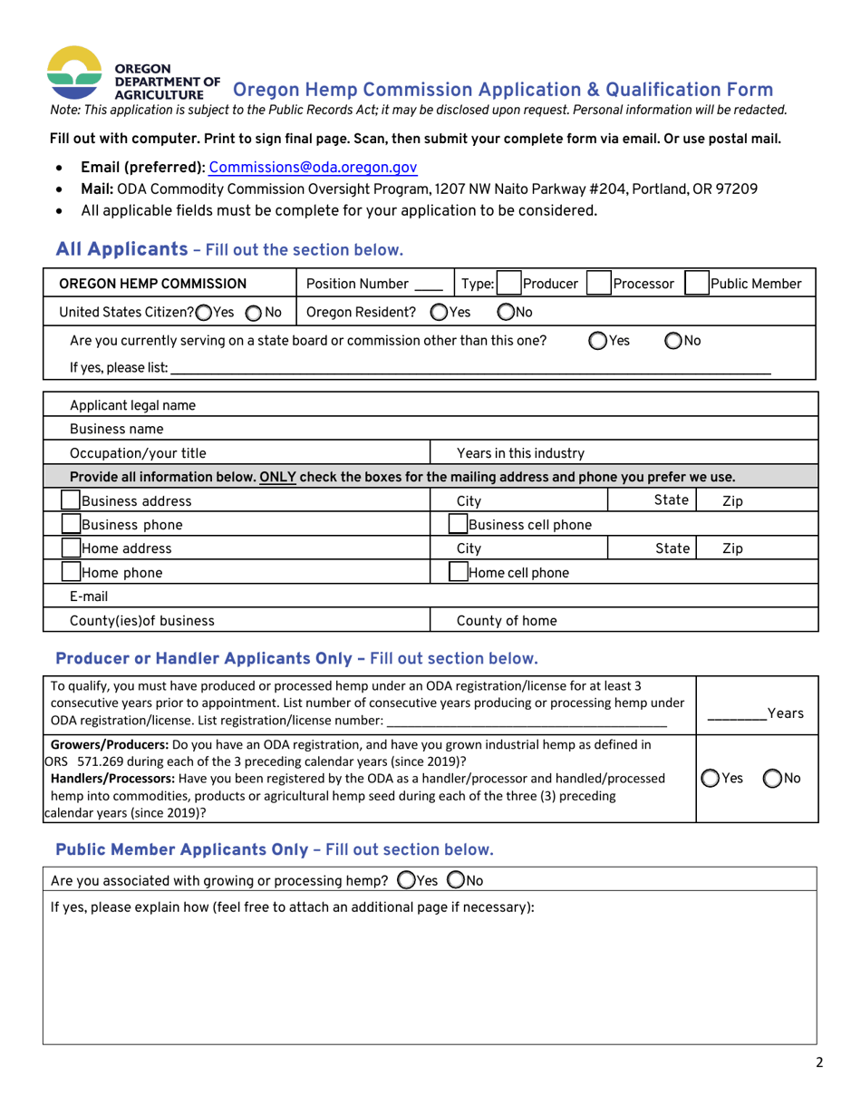 Oregon Hemp Commission Application  Qualification Form - Oregon, Page 2