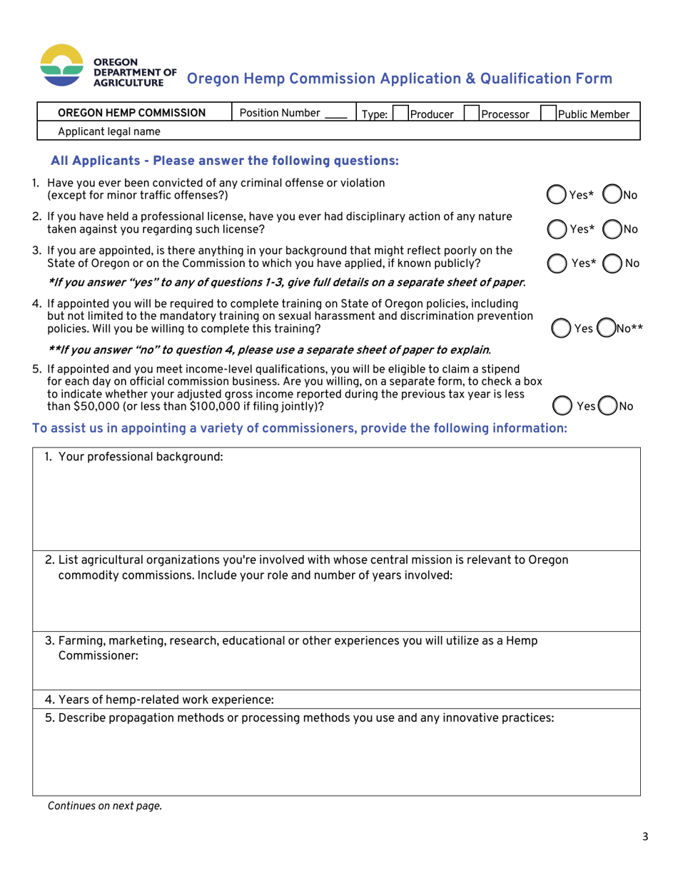 Oregon Hemp Commission Application  Qualification Form - Oregon, Page 3