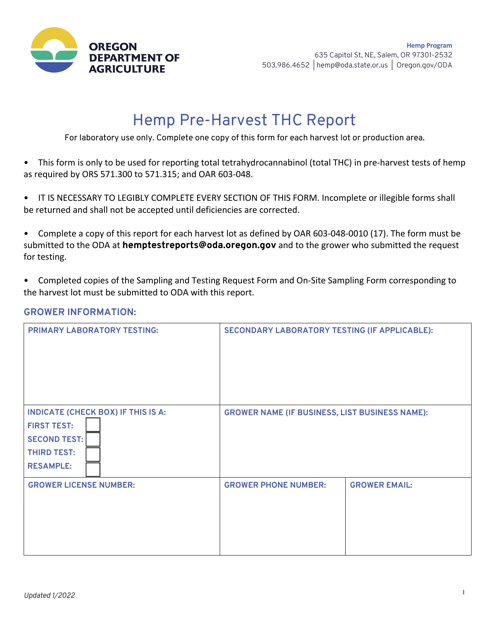 Hemp Pre-harvest Thc Report - Oregon Download Pdf