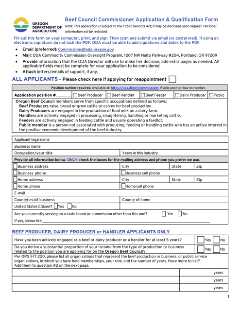 Beef Council Commissioner Application & Qualification Form - Oregon