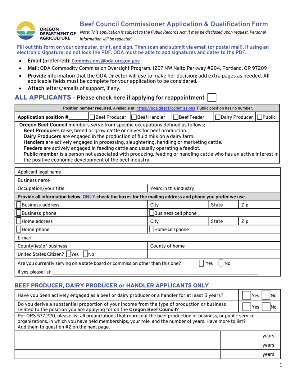 Beef Council Commissioner Application  Qualification Form - Oregon, Page 1