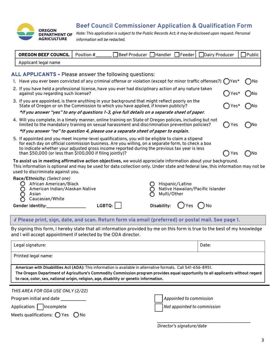 Beef Council Commissioner Application  Qualification Form - Oregon, Page 3