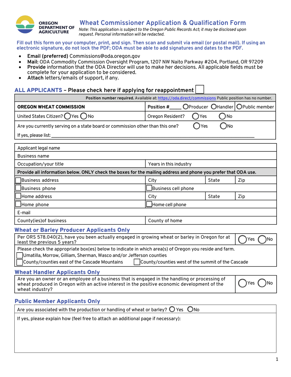 Wheat Commissioner Application  Qualification Form - Oregon, Page 1