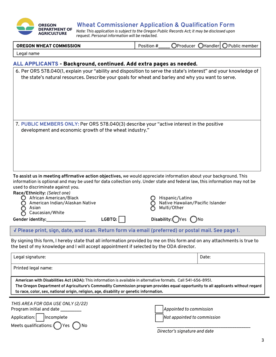 Wheat Commissioner Application  Qualification Form - Oregon, Page 3