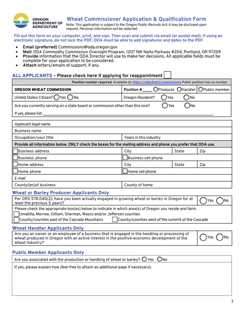 Wheat Commissioner Application & Qualification Form - Oregon Download Pdf