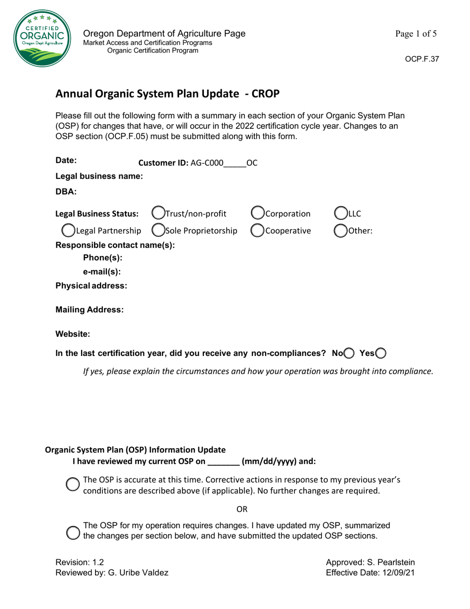 Form OCP.F.37 Annual Organic System Plan Update - Crop - Oregon, Page 1