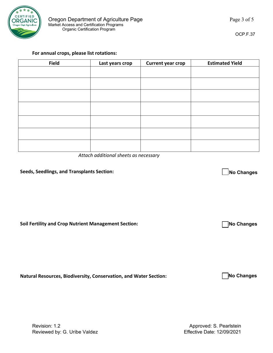 Form OCP.F.37 Annual Organic System Plan Update - Crop - Oregon, Page 3