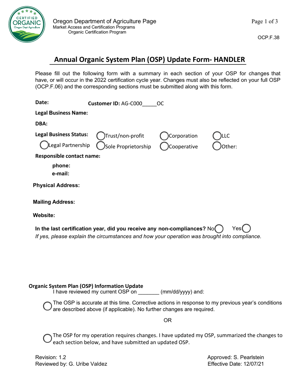 Form OCP.F.38 Annual Organic System Plan (Osp) Update Form- Handler - Oregon, Page 1