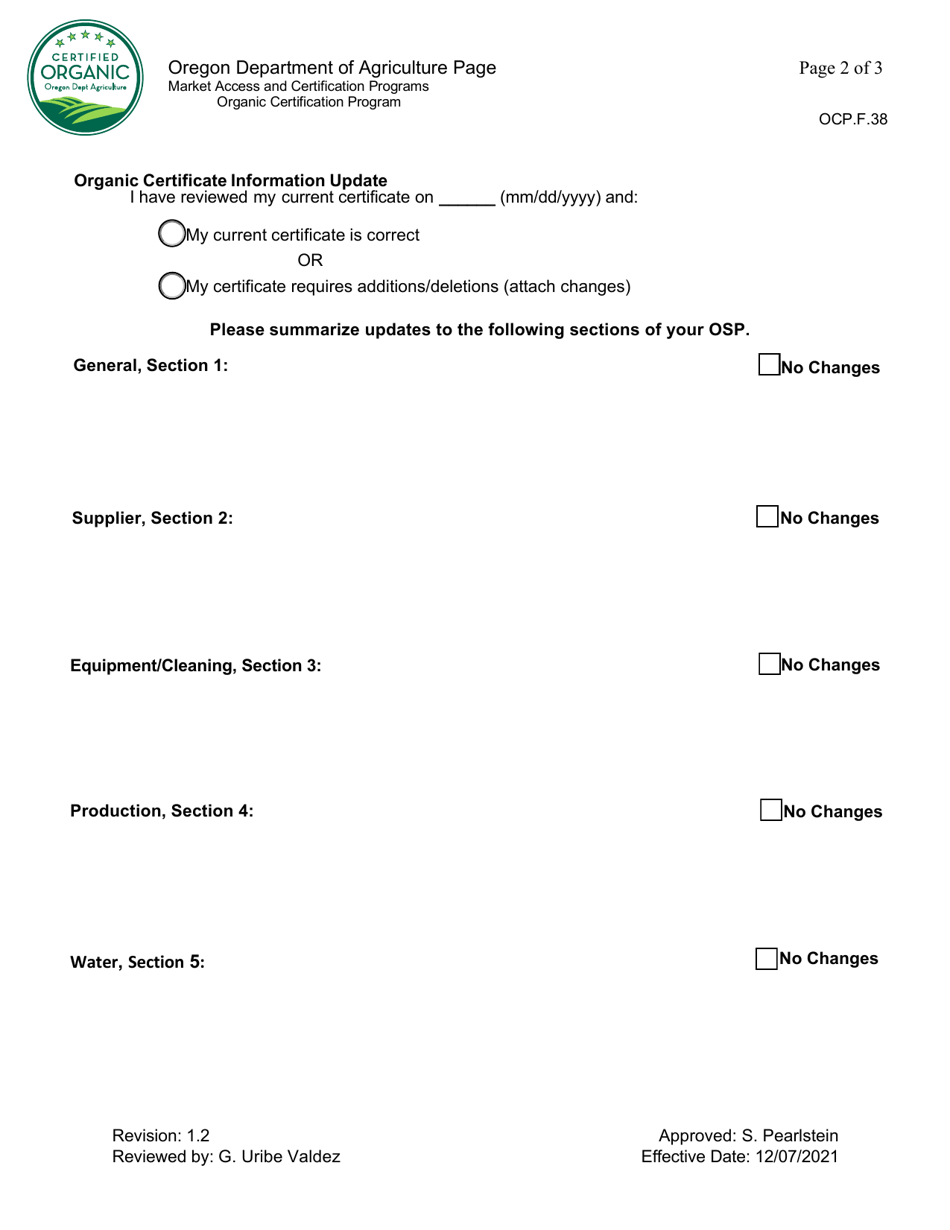 Form OCP.F.38 Annual Organic System Plan (Osp) Update Form- Handler - Oregon, Page 2