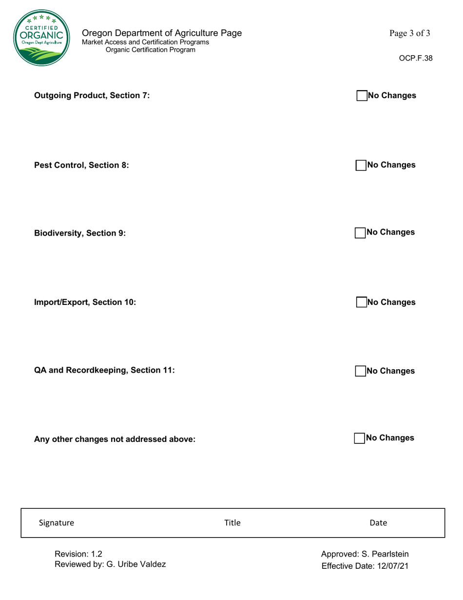 Form OCP.F.38 Annual Organic System Plan (Osp) Update Form- Handler - Oregon, Page 3