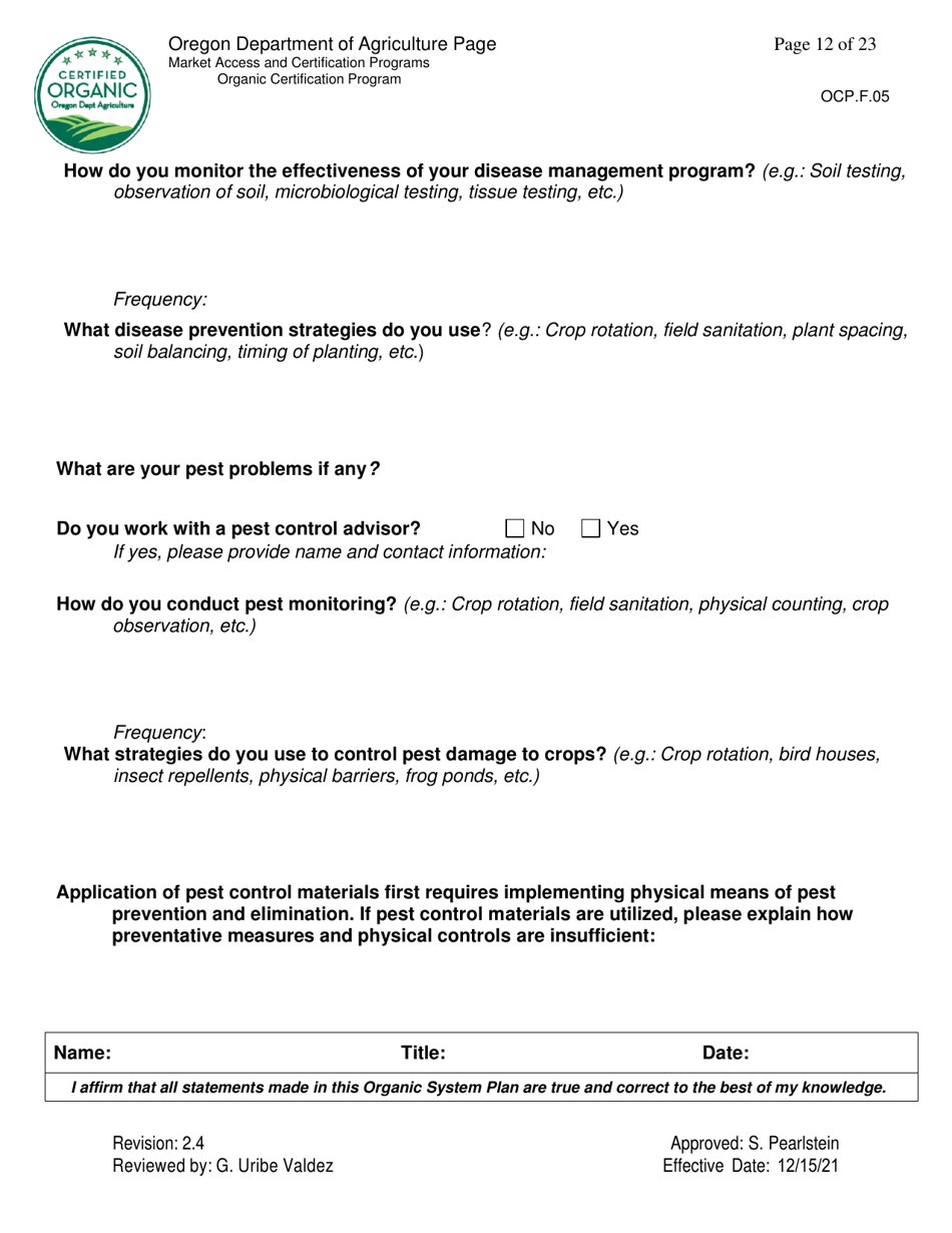 Form OCP.F.05 Crop Organic System Plan - Oregon, Page 12