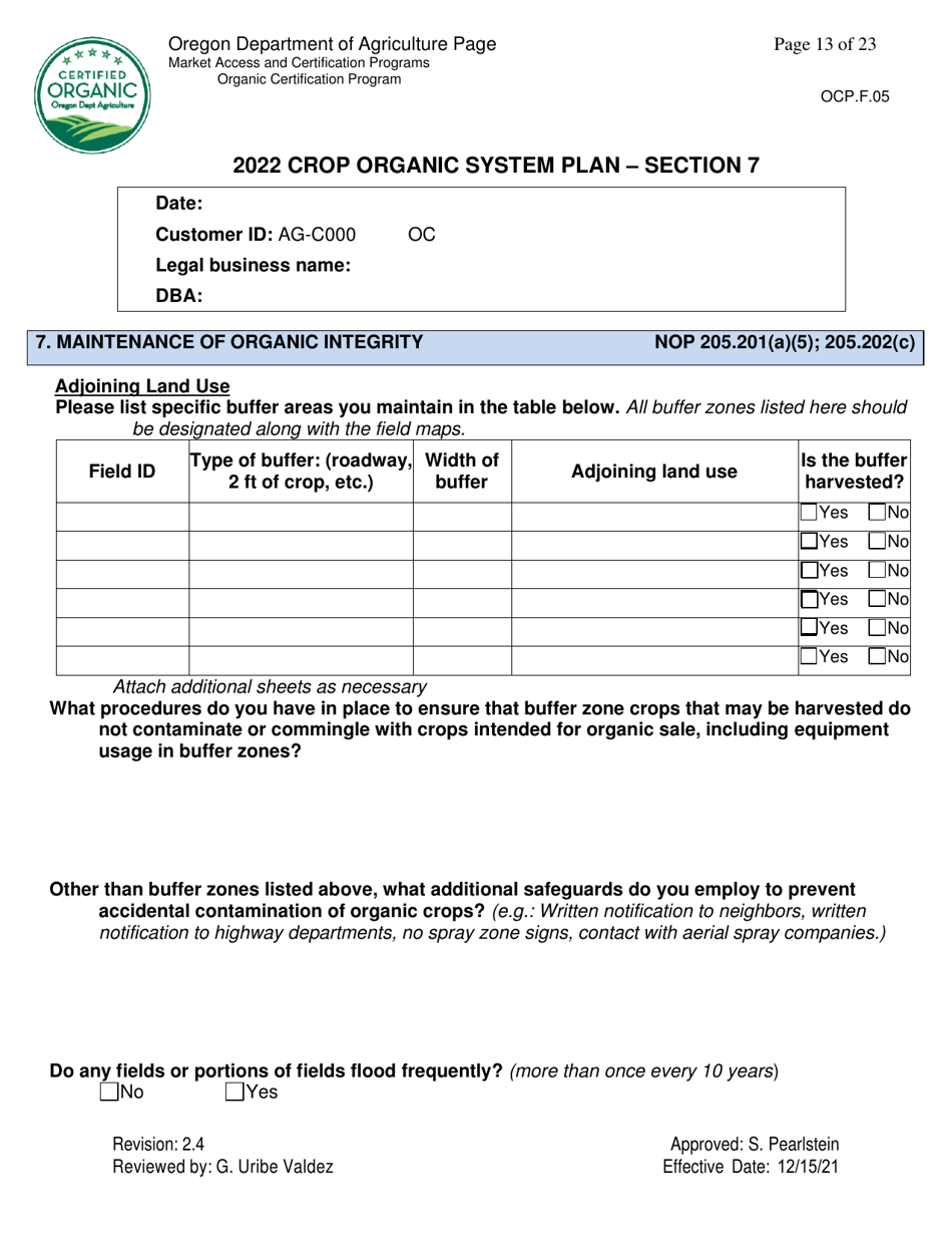Form OCP.F.05 Crop Organic System Plan - Oregon, Page 13