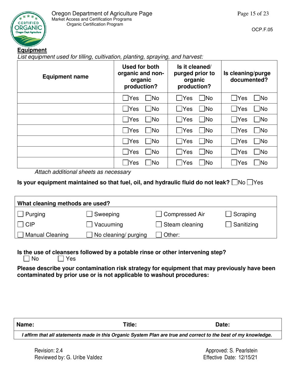 Form OCP.F.05 Crop Organic System Plan - Oregon, Page 15