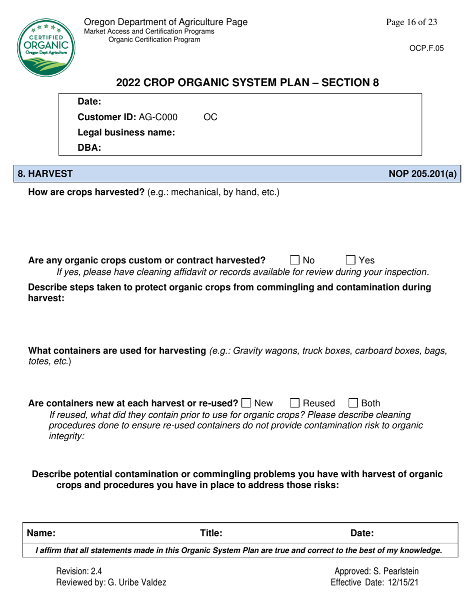 Form OCP.F.05 Crop Organic System Plan - Oregon, Page 16