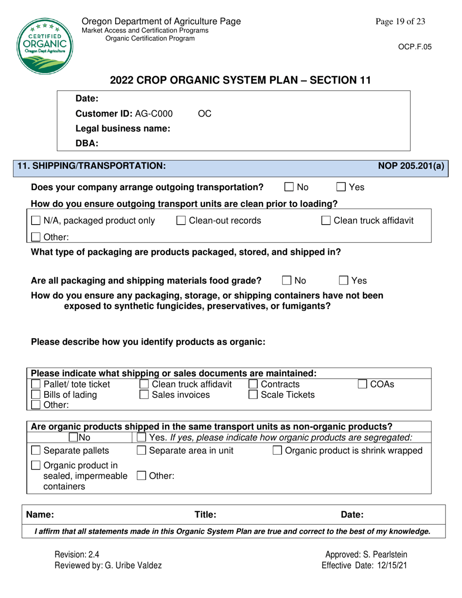 Form OCP.F.05 Crop Organic System Plan - Oregon, Page 19