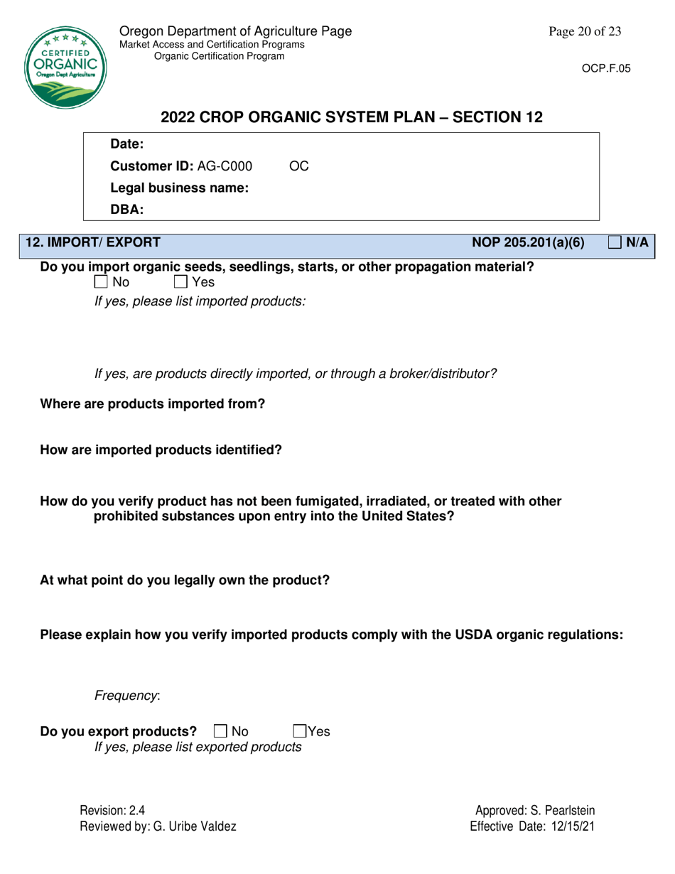 Form OCP.F.05 Crop Organic System Plan - Oregon, Page 20